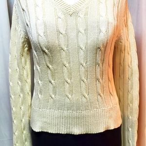 RALPH LAUREN COTTON CABLE KNIT VINTAGE ORIGINAL V NECK SWEATER